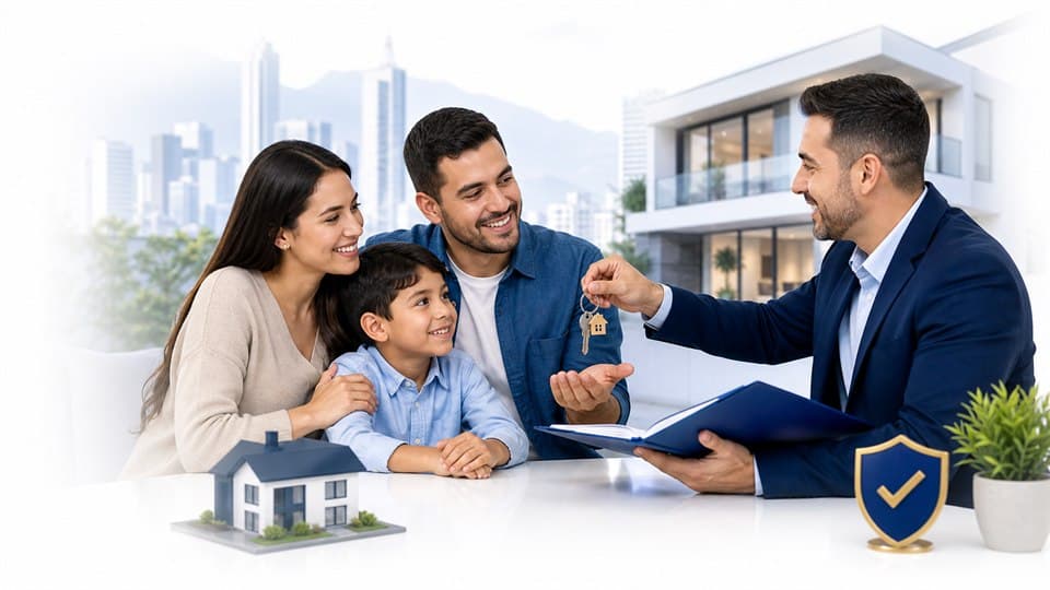 Familia recibiendo orientación para crédito hipotecario y vivienda