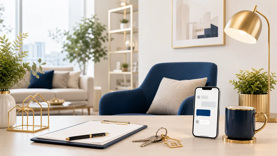 Sala de asesoría inmobiliaria con llaves y conversación por WhatsApp